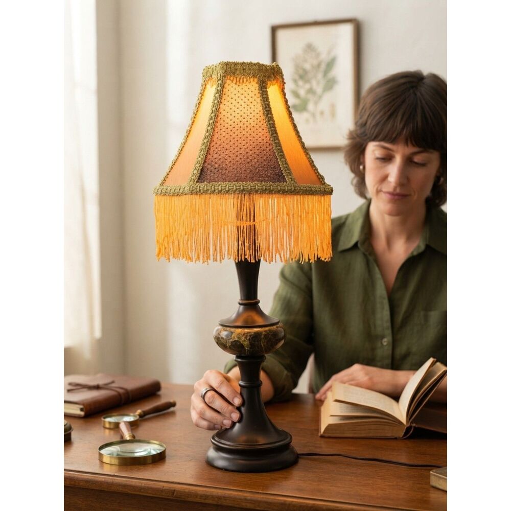 Vintage Table Lamp with Artisan Fringe Shade Handcrafted Victorian Style Lamp